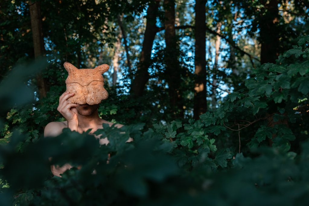 Taideteos, jossa henkilö seisoo metsässä pusikossa ja pitelee kasvojensa edessä kissamaista naamiota.