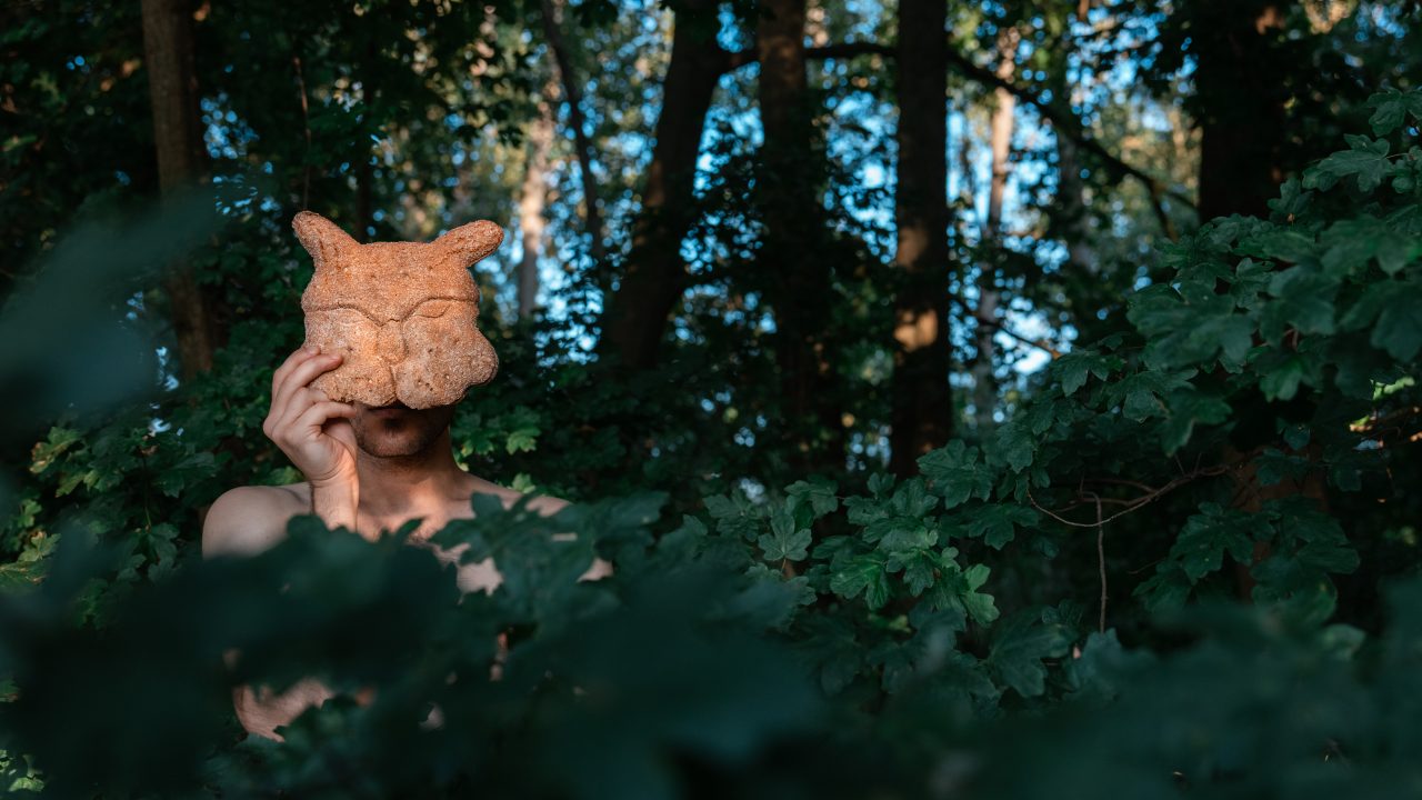 Taideteos, jossa henkilö seisoo metsässä pusikossa ja pitelee kasvojensa edessä kissamaista naamiota.
